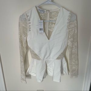 NWT Bebe Button detail lace Inset peplum top color Egret off white/cream XS